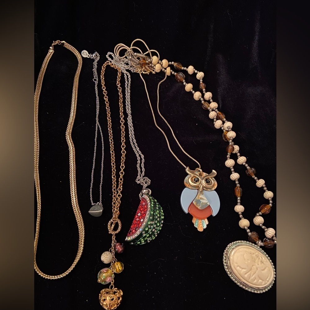 Lot of 6 Costume Necklaces Carved Elephant Owl Taco Watermelon Murano